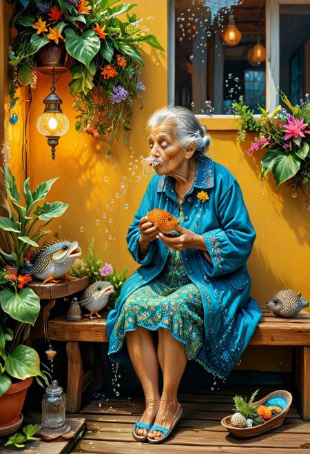 A hyperrealistic, wet oil painting depicts an old woman seated on a wooden bench. Wearing slippers and holding a pufferfish in front of her mouth to create numerous bubbles, she exudes warmth and friendliness.
The background features a home with a floral patterned curtain, a lamp, and a potted plant. The artwork is characterized by vibrant colors and intricate details. The resolution of the image is 4K UHD, providing a high-quality, immersive visual experience.