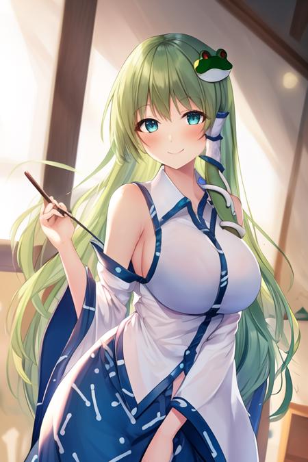 masterpiece, best quality, highres, solo, {kochiya_sanae_touhou:1.10}, green_hair, long_hair, hair_ornament, frog_hair_ornament, snake_hair_ornament, hair_tubes, breasts, blush, bangs, smile, green_eyes, large_breasts, blue_eyes