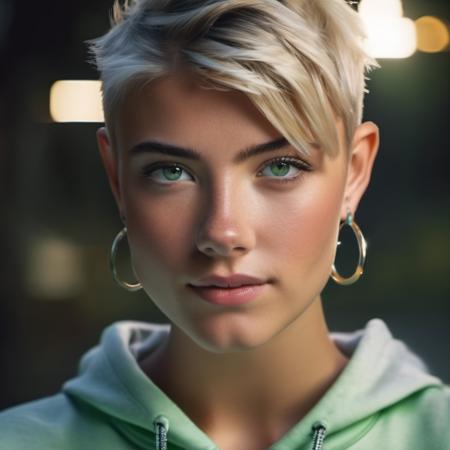 fashion photo, Realistic 8K portrait: A young tomboy, blonde, short hair, green eyes, fashion clothing; dramatic lighting, cinematic colors; hyper-above <lora:Charli_DAmelio_xl_lora-000036:1>, hi detail, sharp focus, perfect lighting, awesome, dslr, 4k high quality. extra detail, extra sharp, magical, perfect moment, natural skin, pores