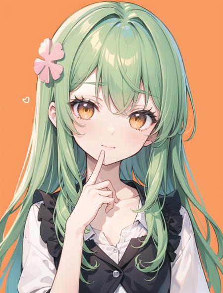 (pixiv masterpiece),masterpiece, best quality, 1girl,cute,kawaii, flat chest, green hair,orange eyes,clover hair ornament, long hair, disheveled hair, messy hair,smug,hand covered mouth