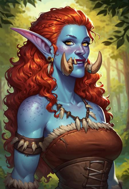 score_9, score_8_up, Trolls, large pointed ears, large nose, fangs, tusks, freckles, 1 girl, colored skin, blue skin, red hair, wavy hair, long hair, yellow eyes, fur clothes, tribal clothes, dungeons and dragons, medieval, forest background, semi realistic, looking at the viewer, posing, blurred background,