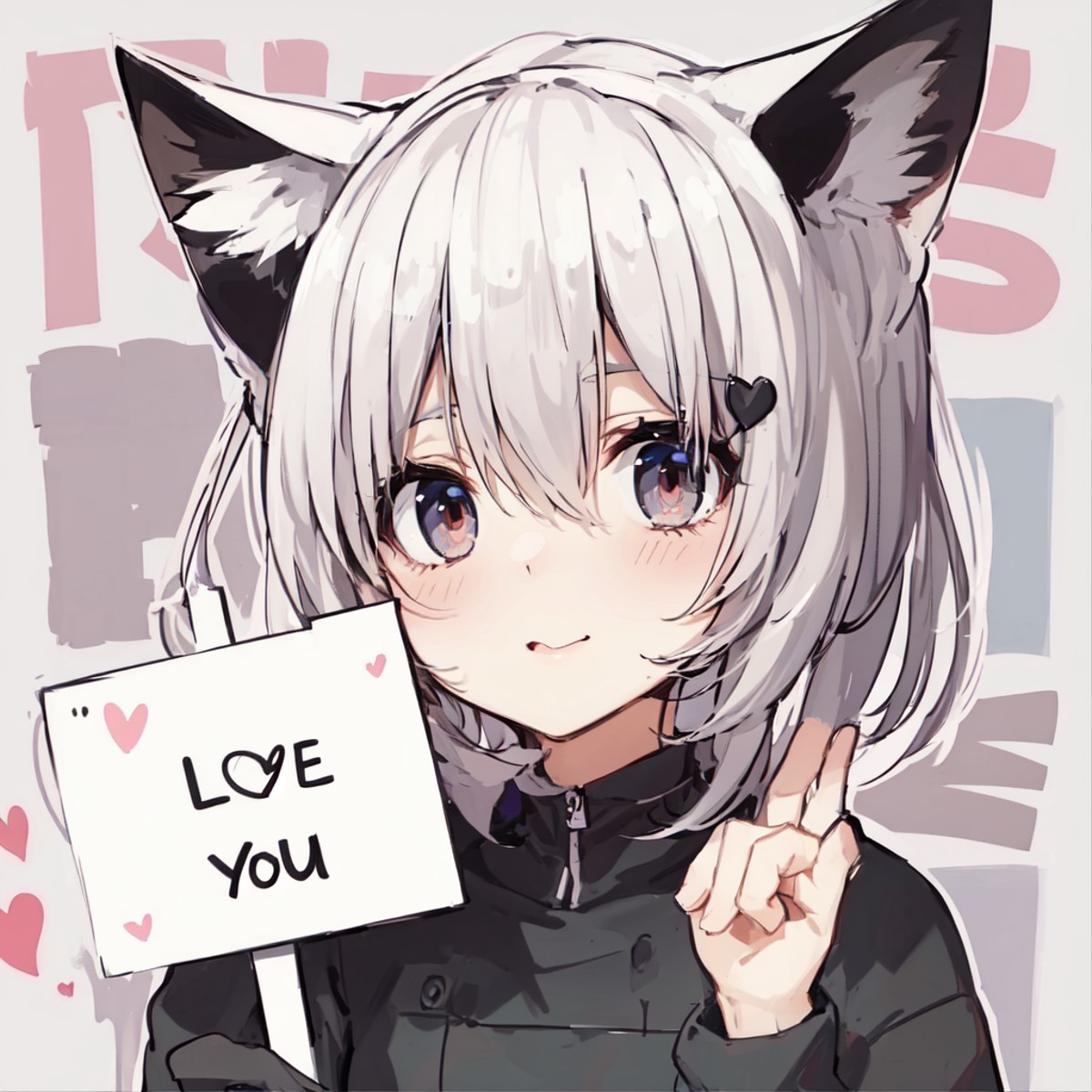 anime, a cute girl holding a sign that says "I love you", :3, catmouth, smug, animal ears, cat tail, fake animal ears, hai...