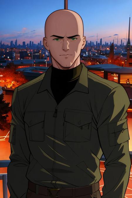 lex luthor, bald, green eyes green jacket, black shirt, turtleneck, brown pants