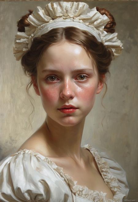 a masterpiece painted in the style of Anders Zorn | Marco Mazzoni | Yuri Ivanovich, oil on canvas, oil painting, painted style, volumetric lighting, realistic, historical setting,
1 woman, maid, victorian era, historical, indoors, maid headdress, brown hair, brunette, brown eyes, hazel eyes, freckles, blush, cute, shy, head slightly lowered, looking up at viewer,