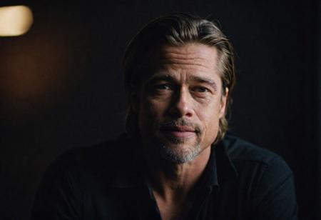 cinematic photo (brad pitt), . 35mm photograph, film, bokeh, professional, 4k, highly detailed, realistic, detailed, photo realistic, sharp focus, 8k, Close-up, grim smile, relaxed pose, portrait movie shot, serious, menacing, chiaroscuro style photo, dark background, minimalism, dramatic lighting, professional quality, dull highlights and shadows, natural and   original,