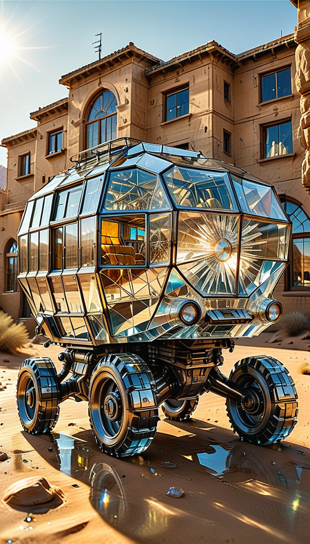 extremely detailed 32k UHD RAW photo depicting a (Walking vehicle car entirely made of crystal, showcasing a multifaceted translucent body with a prismatic effect as light passes through, transparent body), taken by a national geographic photographer with DSLR, beautiful sunlight, desert, (ultra sharp focus:2), (detailed windows:2), (thin lines:2), (best quality:1.8), <lora:Apparatus_-_Traction_City_Walkers_Vehicles:0.8>