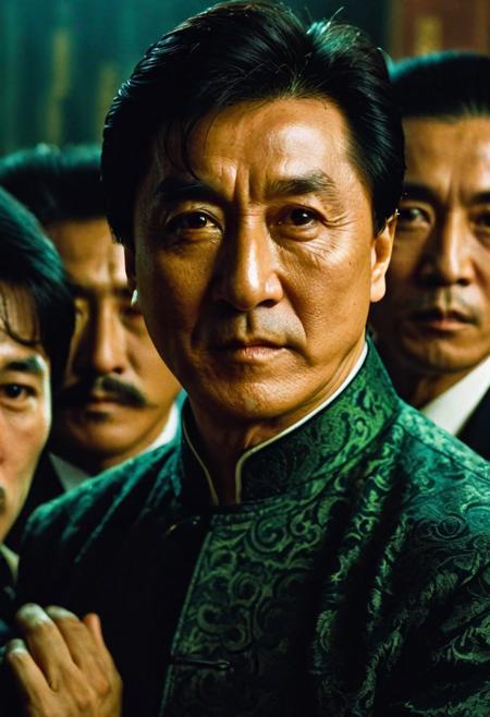 The texture of a Wong Kar Wai movie, Chinese star: Jackie Chan, with a group of gangsters behind him, this man looks at you fiercely, the texture of the movie, ultra high quality, 4K, outstanding, detailed, medium shot