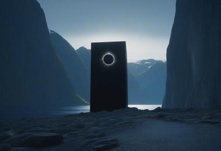 anime, (Hyperdetailed Photography, masterpiece, cinematic lighting), high angle view, best quality, a giant black monolith (/(2001: A Space Odyssey/):0.5) standing on a rocky norwegian cliff overlooking coastal fjords, the monolith is enormous and imposing, a tsunami is forming on the horizon, BREAK, landscape, fjords, mountains, ocean, coast, (solar eclipse:1.2), (light shafts behind monolith:0.5)