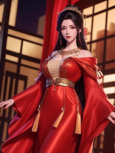 1girl,WMSJyuechanHFgf3,cityscape,night,looking at viewer,red long dress,hair ornament,cowboy shot,hair bun,pearl,tassel hair ornament,necklace,<lora:WMSJyuechanHFgf_20230804140614:0.8>,coat,