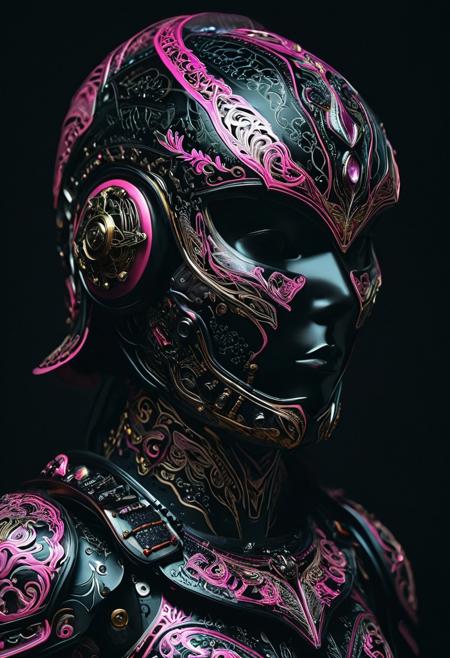 A photograph captures a futuristic armored figure donning a predominantly pink and black ensemble. The figure's face is concealed by a helmet, while the armor, intricately designed with numerous layers and patterns, envelops the entire body, including the torso, arms, and legs. Embedded within the armor are LED lights, which illuminate the scene. The smoke-filled background accentuates the figure, creating an impression of depth and isolation.