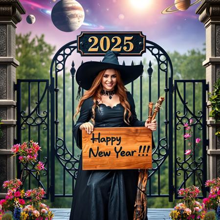 mysterious beautiful witch wearing black leather clothes holding a wooden sign where is written on "Happy New Year!!!", standing in front of a omega formed gate where above on a plate it is printed "2025". in the background is an enchanted colorful forest with marvelous flowers plants, At the sky are planets