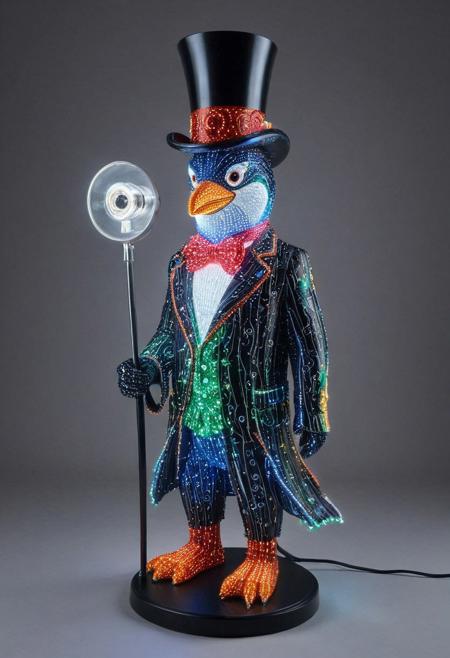 embedding:lazmpos, LED, colorful LED lights, RGB lights, red green and blue penguin, art deco, top hat, cane, monocle,RetroBG