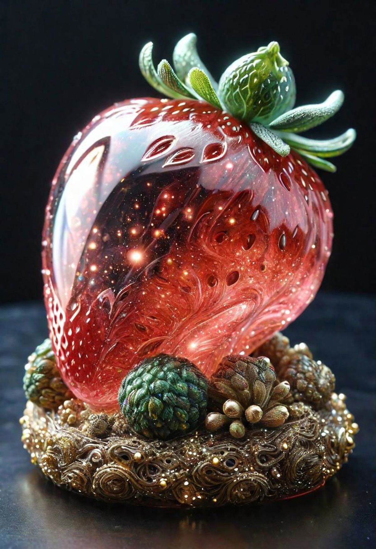 A Glass Strawberry with a Green Leaf on a Strawberry Shaped Base.