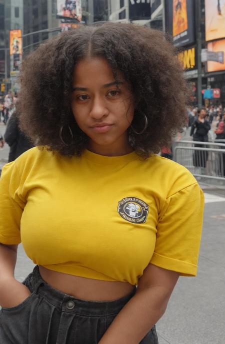 @cocokauai01,cocokauai01 \(Person\),Dina \(Person\), masterpiece, best quality, 1girl, black eyes, dark skin, dark-skinned female,black curly hair, closed mouth, looking at viewer, shirt, short hair, background:new york city times square, solo, upper body, yellow shirt, <lora:cocokauai01:1>