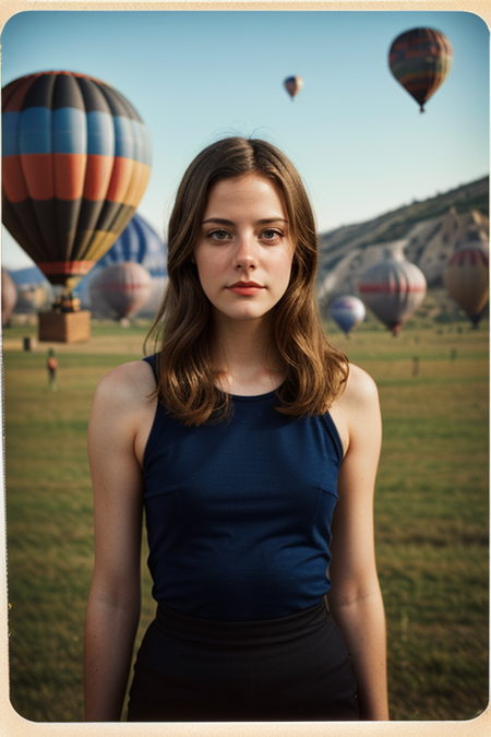 MegBellamy, photography by (Rodney Smith:1.3), ((upper body focus, shoulders)), modelshoot, pose, (1938 postcard, facing viewer, Cappadocia, surrealist, melting hot air balloons,  Salvador Dali, looking at viewer, blurry background, bokeh, ID photo:1.3), Century Camera Co. Studio, 160mm f/8, 1/10s, ISO 25, ((tintype)), serious look