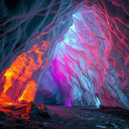 8k, source_photo, source_real, traditional media, real life photo, huge natural ice cave, lit from above, vivid ice patterns, bright colours in the ice, glowing runes on the wall, exposed rock formations cover the ground and walls, medieval, dungeons and dragons