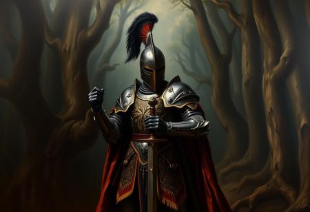 A dramatic Baroque oil painting, in the style of Raphael, portraying a classical dark fantasy grimdark knight in ornate armor, with a prominent plume, holding a sword, centered in a deep, atmospheric dark forest painted with rich textures, heavy shadows, and hints of ancient forms. The knight is in a poised, monumental stance, interpreting Dynamic Action Pose as dramatic posture, captured in a Well-timed Moment. The mood is solemn, powerful, and intensely anticipatory, conveying Vivid Emotions and a Joyful Impact (interpreted as dramatic impact of the painting). High-res, 4K, Exceptional Quality, More Detail, Lifelike Details (painted realism), Super Detailed Face and Eyes and Clothes (rendered with painterly detail), Handcrafted with Precision, High Quality, Sharp Lines and Brush Strokes (visible brushwork), Stunning Colors (deep, rich pigments, chiaroscuro), Harmonious Colors, Multi Colored, Contemporary Aesthetics, Beautiful Matte Painting (as a classical technique), Impeccable Composition (Golden Ratio), Creative Angle, Attractive Background (textured painting), Balanced Editing, Intentional Focus, Isometric, Captivating Lighting (strong chiaroscuro), Grammer Effect Style, Splash Ink Illustration, Octane Render, Unreal Engine 5, Raphael Style (emphasized), Houdini Style, Powerful Message, Beautiful Detailed Eyes (expressive), CGSociety, Artstation Trending on ArtstationHQ, Golden Ratio.