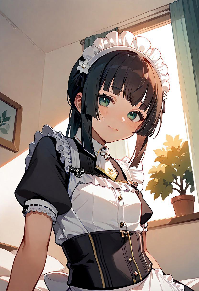 score_9, score_8_up, score_7_up, score_6_up, source_anime. zPDXL3, 1girl, solo, Mafuyu, Sofia maid outfit, Sofia maid headdress, Sofia maid gloves, looking at viewer, smile, leaning forward, upper body, bedsheets, indoors, white wall, window, flowing curtain, tree, morning, sunlight, sunny, sky, cloud, pov across bed, from below, from side, dutch angle, (sidelighting:0.5)