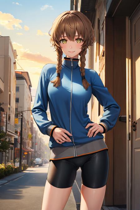 (masterpiece, best quality:1.2), solo, 1girl, amane suzuha, smile, looking at viewer, hand on hip, track jacket, bike shorts <lora:steinsgate_amane:1.0>