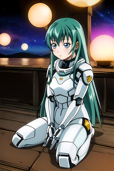 masterpiece, best quality, highly detailed, 1girl, alice carroll, long green hair, battlesuit, cyber armor with core, mechanical limbs, space, sitting, space station, futuristic, cute, red lighting, bright lights