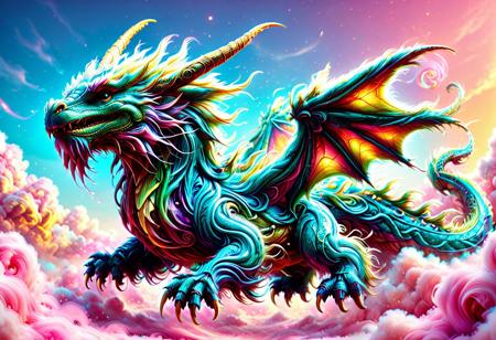 a white luck dragon made of w00kiee, flying through cotton candy clouded sky, intricate details, golden hour light, raw photo, cinematic, highly detailed, bright colors, aesthetic, fine detail, polished, complex, vibrant, symmetry, full color, perfect, ambient, unique, illuminated, epic, best, artistic, quality, dramatic, beautiful, stunning, flawless, extremely, very inspirational