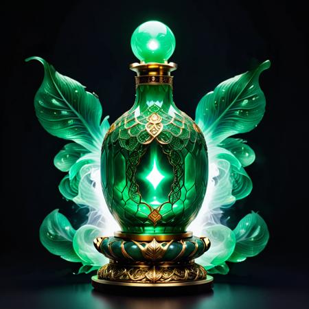 Sn4ke in a emerald bottle on a beautiful intricate stand. Emitting light. Glowing, mystical aura, polished glass, magical reflections, intricate stand, swirling mist, enchanted object, spiritual energy, mysterious shine. Black background.