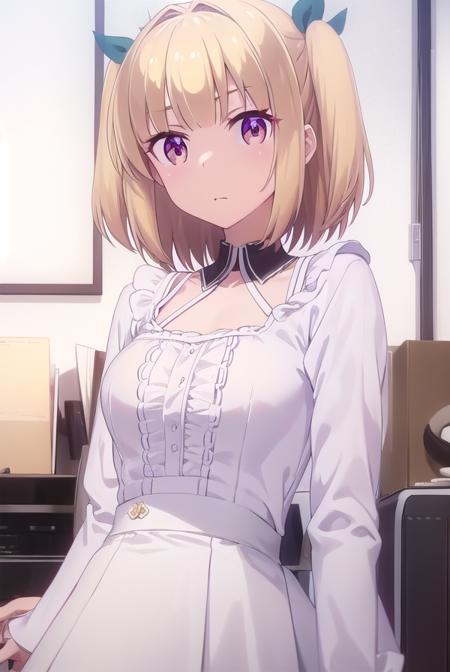 yun ijima, short hair, blonde hair, (red eyes:1.3), ribbon, hair ribbon, two side up, dress, white dress, collar, puffy sleeves, long sleeves, frills,