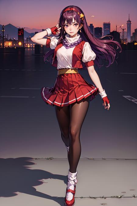 (masterpiece, top quality, best quality, official art, beautiful and aesthetic:1.2), (1girl:1.3), (fractal art:1.3), 
solo, athena97,
red shoes,(white socks:1.3),red pantyhose,
purple eyes, purple hair, long hair,red hairband, white turtleneck,white puffy sleeves,red pleated skirt,yellow belt,puple spherical necklace,red  fingerless gloves,red open vest,
star hair ornament, earrings
 medium breats,short sleeves,standing, spread legs, 
outdoors,city background,closed mouth, 
 <lora:Athena97:0.8>