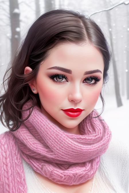 a photo of a woman, madalinap-1150:0.99, ((pale skin)), short hair,((scarf, sweater)), ((closeup, portrait)),((outdoors, snow, forest):1.2),,((red lipstick, eyeliner, eye shadow, blush):1.2), ((best quality, masterpiece, extreme details, high resolution):1.2),((detailed eyes, beautiful eyes, detailed face, beautiful face):1.2)