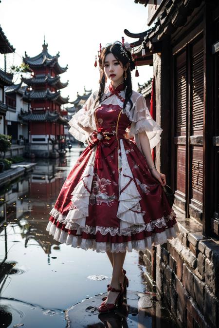 realistic, photorealistic, masterpiece, absurdres, incredibly absurdres, extremely detailed, best quality, cnsdress, high heels, full body, 1girl, solo, slim, long black hair, looking at viewer, detailed background, standing, ancient Chinese town, ancient Chinese building, dusk, sunshine, chinese garden, <lora:cns_dress_style4_v1:0.7>