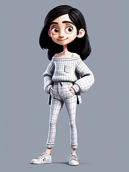 1girl, solo, black hair, striped, long hair, shoes, full body, brown eyes, pants, hand in pocket, striped shirt, simple background, sweater, standing, shirt, white footwear, sneakers, off shoulder, book, striped sweater, long sleeves, sleeves past wrists, smile, looking at viewer, blue background,
wireframe,<lora:topo_v3_t2i:0.6>, close_up,  monochrome,