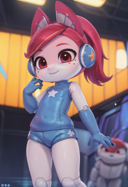 ai_one , 1 girl  , red hair , animal ears  ,  , star (symbol) , red eyes , headphones  ponytail blue  body suit  ,  sleeveless ,blue shorts ,   white legs ,  mole under eye android, joints