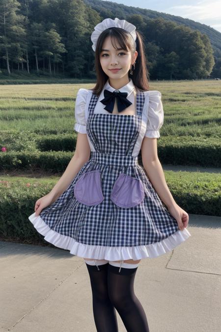 1 woman, detailed, realistic, standing, full body shot, scenic view
<lora:Maid Dress 2 By Stable Yogi:0.8> purple plaid maid dress, apron, thighhighs