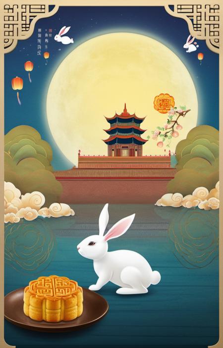 scenery,bunny,east_asian_architecture,full_moon,poster design,night_sky,say,