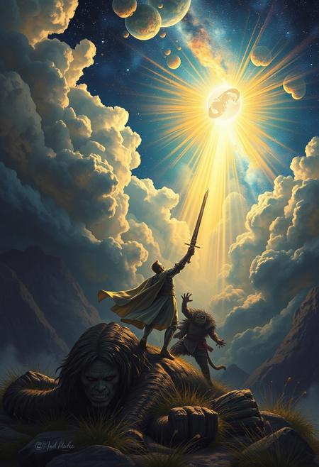 A radiant knight descends from the heavens, slaying a foolish monster with his sword. The earth rejoices, and the night sky bestows its blessings.