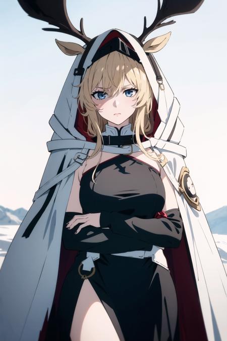 best quality,  looking at viewer ,<lora:VIVIANAK:1>, vivianaak, 1girl, long hair, looking at viewer, blonde hair, animal ears, breasts, hood, bangs, deer ears, large breasts, hooded cape, blue eyes, solo, cape, hood up, white cape, ears through headwear, dress, black dress, outdoors, serious