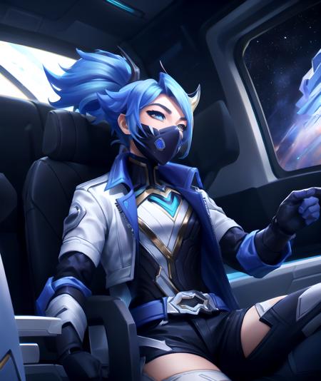 (masterpiece:1.2, best quality), <lora:Akali_DRX_1:0.7>, Akali drx, blue eyes, gloves, blue hair, sitting, jacket, ponytail, single horn, mouth mask, space