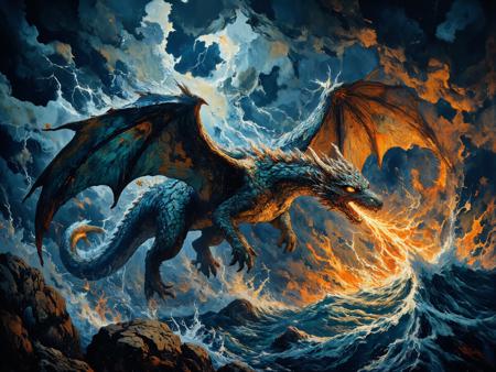 A majestic dragon with iridescent scales soaring through a thunderous sky, its expansive wings casting shadows over the storm-tossed ocean below. The dragon's eyes gleam like molten gold, and fiery breath coils into the clouds, illuminating the surroundings with a mesmerizing glow. Its elongated horns arc back gracefully, and its powerful claws flex as it navigates through the turbulent air. The clouds swirl with magical luminescence, casting an eerie yet captivating atmosphere, with flashes of lightning acting as a dramatic backdrop. A symphony of rich, saturated blues and fiery oranges dances across the scene, capturing the mystical energy and the dragon's imperial presence. Rendered in ultra-high detail, the scene embodies epic fantasy, with unparalleled realism and fantastical elements woven seamlessly together, creating a masterpiece of awe-inspiring intensity and mythical allure. <lora:DND_GRAINYBOYZ_FG_FLUX_V2_ROMULUS_Lora:0.5> <lora:aidmaMJ6.1-FLUX-v0.4:0.9> <lora:reedy-art-style:0.5> <lora:Memadukan_Brush_Strokes_of_Fineart:0.8>