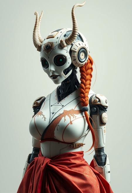 best quality, highly detailed, intricate details, extremely detailed, smooth lines, an android robot designed as a geisha, curvy body, seducive pose. Beautiful face, The android face plate is made of white ceramic material, with many mechanical parts. The android has camera lens eyes, and clear signs of rusting and wear. She is also wearing traditional intricate Japanese clothes, wide hips and thick thights , two long redhead braids, two long ceramic horns on head, futuristic, technological, alien worlds, space themes, advanced civilizations