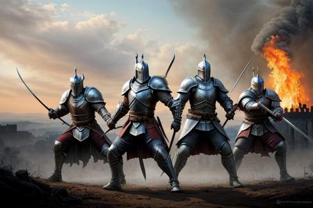 Pencil sketch, intricately detailed, rich shadows, highest resolution, highest quality, 8k UHD, 
best perfect realistic HD ultra HD 4k clear and detailed image, battle knights with a large and fearful fire dragon, nearby castle, weapons swords, crossbows, bows, detailed visualizations of knights, dragon and landscape, detailed depiction of their faces and weapons and armor, and o ...
