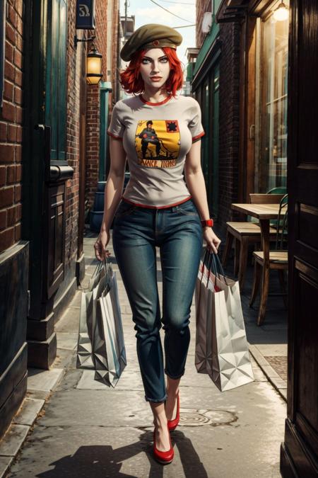 <lora:damsel-10:0.7>, damselVTMB_soul3142, red hair, short hair, beret, pale skin, tshirt, jeans, shopping bags, <lora:add_detail:0.5>