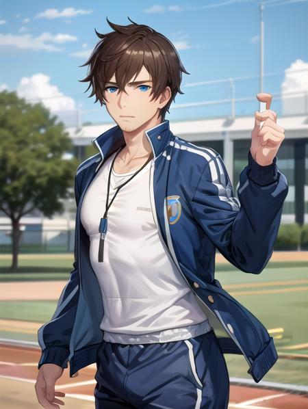 best quality, masterpiece, highres, detailed, perfect anatomy,  <lora:Detail - more_details:0.2>, PETeacherCh, <lyco:PEteacher-10:0.8>, 1man, school, sports jacket, open jacket, white shirt, whistle around neck, track pants, JaceMind, blue eyes, brown hair,  <lora:Character - JaceM:0.7>, outdoors,