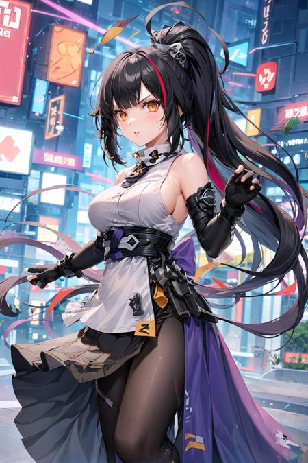 1girl,ahoge,bare shoulders,black gloves,black hair,breasts,elbow gloves,floating hair,gloves,hair ornament,long hair,looking at viewer,medium breasts,night,orange eyes,outdoors,partially fingerless gloves,sleeveless,sleeveless shirt,solo,v-shaped eyebrows,very long hair,leggings ,black hair,ponytail,multicolored hair,streaked hair,futuristic,cyberpunk,sakifuwa, very long skirt <lora:sakifuwa_v11n:0.7>