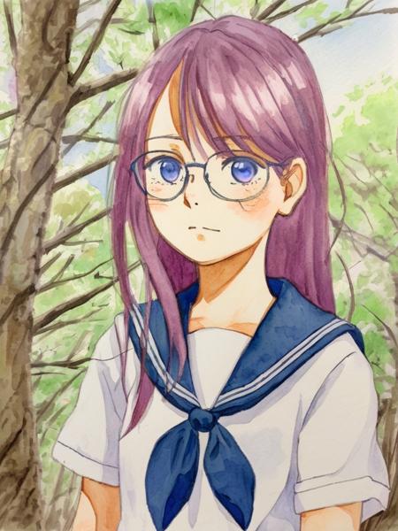 anime,1girl,solo, purple long hair, blue eyes,thick brows,happy,glasses, necklace,portrait, school uniform, serafuku, blush, sailor collar, neckerchief, red neckerchief, parted lips, outdoors, dated, tree, blue sailor collar, white shirt, shirt,nature, flower, looking away, plant
BREAK traditional media,watercolor \(medium\),pencil \(medium\),paper \(medium\),painting \(medium\)
<lora:nanase_v1:0.8>