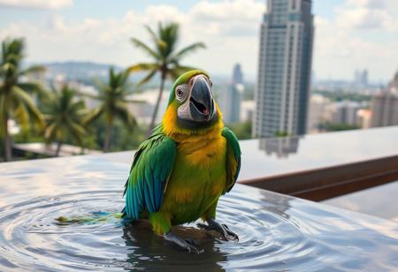 Happy parrot, playing in water,  drinking, thristy, daylight  penthouse, tropical city, morning, skyscraper, distant city,