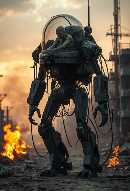 It is dawn. Various fires light up the area. an action filled movie shot of a tall walking mecha robot with a lot of dangling cables and visible machinery in a broken urban setting. The robot has a backpack with a glass dome. Inside the dome is the withered remains of an old human. The human is used to power the robot and is connected with cables. realistic, the robot is engaged in warfare, combat, sitting in a combat position with one knee up and one hand on the ground. 4k, futuristic, fallout-inspired, Retrofuturism, atomic-punk
