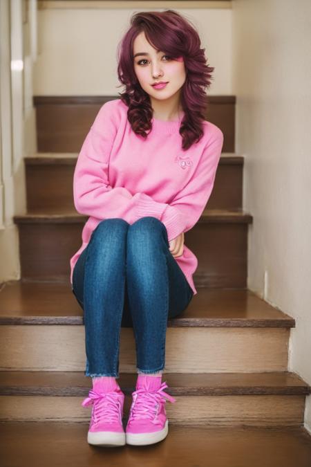 (professional photo of beautiful, 18 years young highschool girl, edgtb_face, brown hair, pink bow in her hair, pink jumper and dark pink jeans and pink sneakers with purple socks:1.2), posing for the camera, masterpiece, 4k, best quality, anime art, sitting on stairs, (((pink hair))),
<lora:edgTomboyDollLikenessv1:1.0>