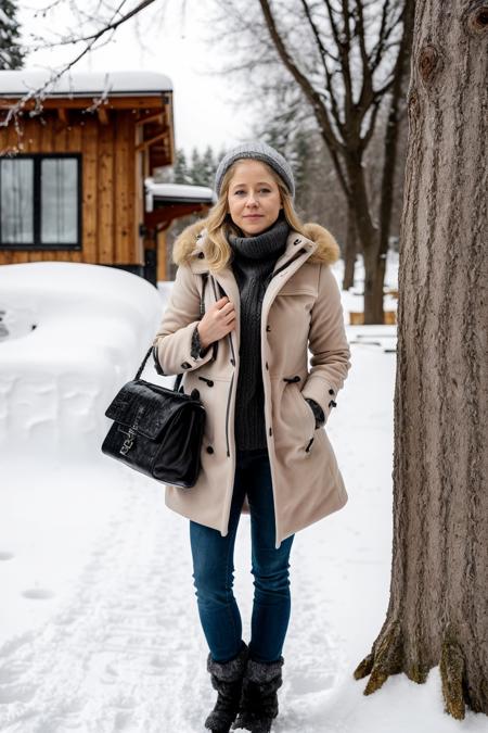 <lora:SilviaSeidelSD:0.8> silviaseidel, woman, blonde hair, highly etailed, winter coat, snow, outside, portrait, face,