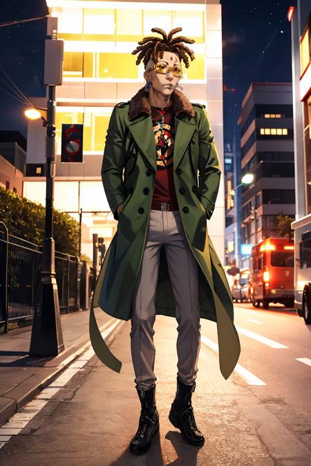 masterpiece, best quality, standing, full body, city, night
 <lora:zs_Lunch:1> lunchsh, dreadlocks, jewelry, jacket, fur trim, glasses, brown hair, piercing, coat, dark skin, forehead mark, pants, boots