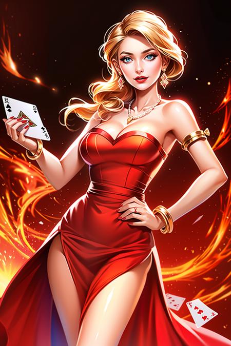 Concept art,2d anime style,hand-drawn art,1girl,card,jewelry,solo,blonde hair,dress,playing card,blue eyes,necklace,bracelet,breasts,earrings,red dress,hand on hip,side slit,cleavage,red lips,medium breasts,looking at viewer,makeup,lipstick,nail polish,artist name,holding card,fire,cowboy shot,bare shoulders,<lora:Exotic V2:0.8>,